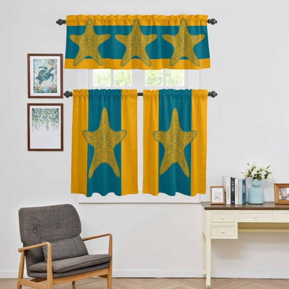 Kitchen Window Curtains Valance and Tier Set, Ocean Starfish Abstract Lines Rod Pocket Tier Curtain Valance Set, Modern Geometric Light Filtering Cafe Curtains for Bedroom Living Room