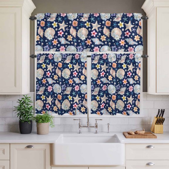 Kitchen Window Curtains Valance and Tier Set, Ocean Starfish Shell Conch Pearl Rod Pocket Tier Curtains and Valance 3 Piece Set, Summer Flower Navy Blue Back Window Treatment for Living Room