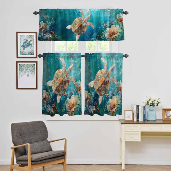 Kitchen Window Curtains Valance and Tier Set, Ocean Submarine Coral Turtle Starfish Rod Pocket Tier Curtain Valance Set, Undersea Creatures Light Filtering Cafe Curtains for Bedroom Living Room