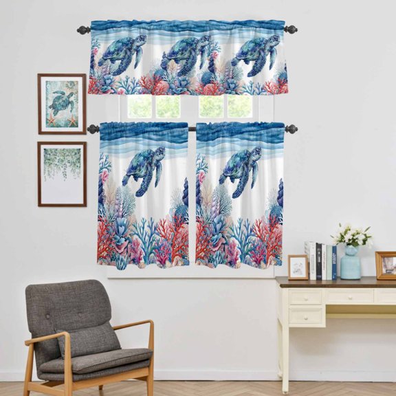 Kitchen Window Curtains Valance and Tier Set, Ocean Watercolor Turtle Coral Rod Pocket Tier Curtain Valance Set, Summer Marine Theme Seaweed Light Filtering Cafe Curtains for Bedroom Living Room
