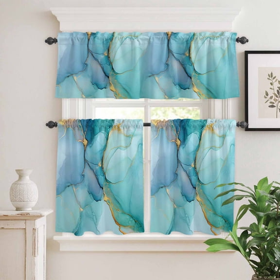 Kitchen Window Curtains Valance and Tier Set, Ombre Aqua Green Blue Marble Rod Pocket Tier Curtain Valance Set, Golden Vein Abstract Color Light Filtering Cafe Curtains for Bedroom Living Room