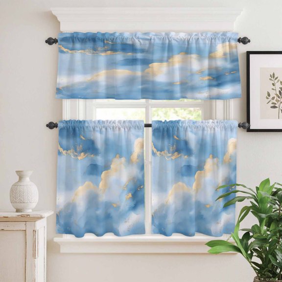 Kitchen Window Curtains Valance and Tier Set, Ombre Blue Cloud Marble Texture Rod Pocket Tier Curtain Valance Set, Summer Watercolor Sky Light Filtering Cafe Curtains for Bedroom Living Room