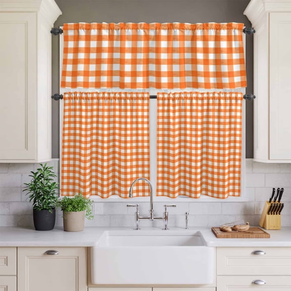 Kitchen Window Curtains Valance and Tier Set, Orange Buffalo Plaid Rod Pocket Tier Curtains and Valance 3 Piece Set, Classic Gingham Check Watercolor Window Treatment for Bedroom Living Room