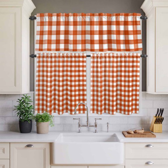 Kitchen Window Curtains Valance and Tier Set, Orange White Buffalo Checker Rod Pocket Tier Curtains and Valance 3 Piece Set, Classic Lattice Plaid Window Treatment for Bedroom Living Room