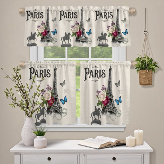 Kitchen Window Curtains Valance and Tier Set, Paris Iconic Architecture Tower on Linen Rod Pocket Tier Curtain Valance Set, Flower Butterfly Stamp Light Filtering Cafe Curtains for Bedroom