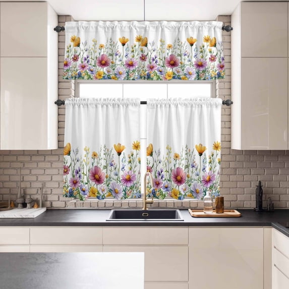 Kitchen Window Curtains Valance and Tier Set, Pastoral Colorful Wild Flower Rod Pocket Tier Curtains and Valance 3 Piece Set, Summer Watercolor Plant Window Treatment for Bedroom Living Room