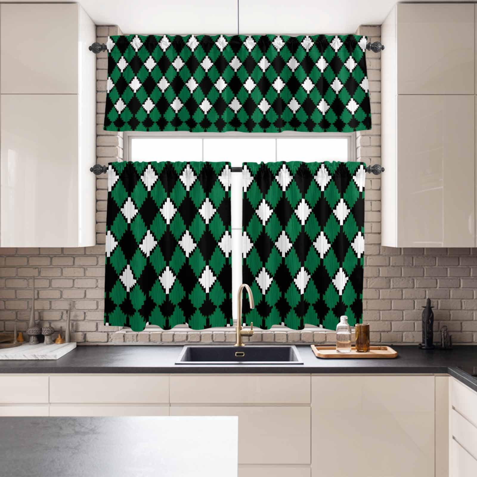 Kitchen Window Curtains Valance and Tier Set, Pastoral Style Rhombus