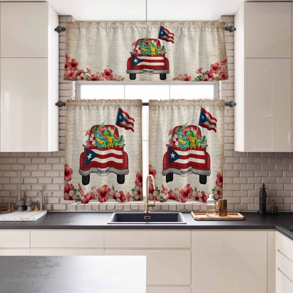 Kitchen Window Curtains Valance and Tier Set, Puerto Rican Flag Car Rod Pocket Tier Curtains and Valance 3 Piece Set, Algiers Frog on Vintage Letter Window Treatment for Bedroom Living Room