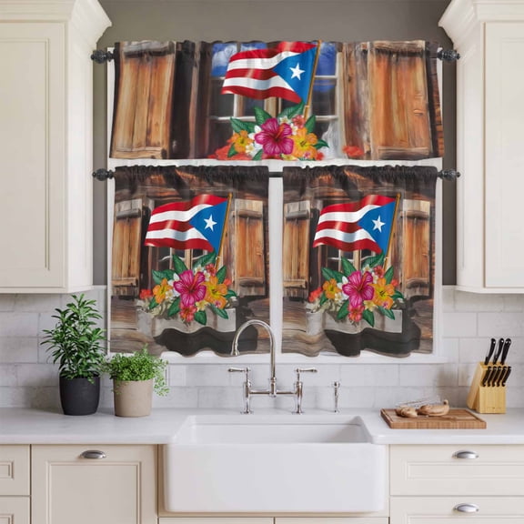 Kitchen Window Curtains Valance and Tier Set, Puerto Rico Flag with Colorful Flowers Rod Pocket Tier Curtains and Valance 3 Piece Set, Vintage Farm Barn Window Treatment for Bedroom Living Room