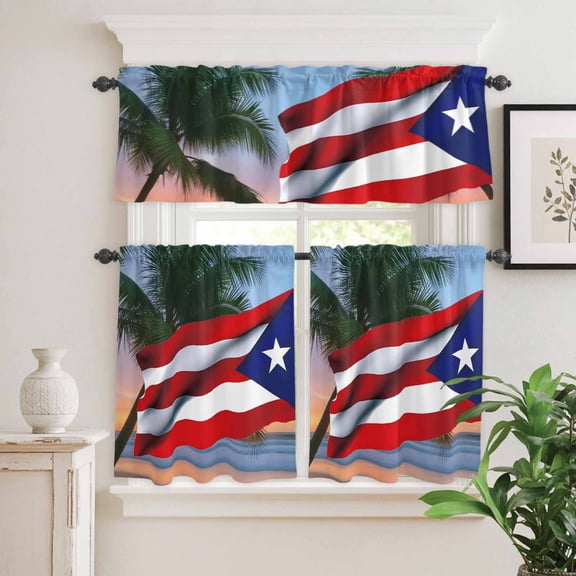 Kitchen Window Curtains Valance and Tier Set, Puerto Rico Flag Star Rod Pocket Tier Curtain Valance Set, Coastal Beach Palm Tree Light Filtering Cafe Curtains for Bedroom Living Room