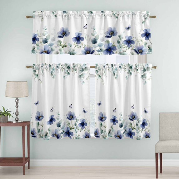 Kitchen Window Curtains Valance and Tier Set, Purple Wild Flower Butterfly Rod Pocket Tier Curtain Valance Set, Gradient Eucalyptus Leaves Light Filtering Cafe Curtains for Bedroom Living Room