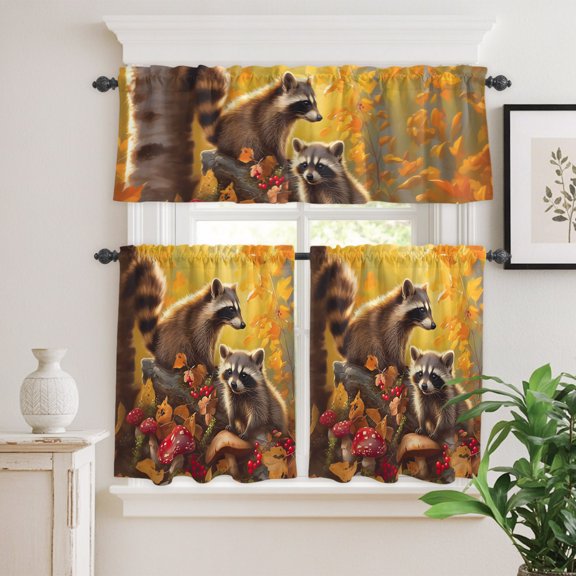 Kitchen Window Curtains Valance and Tier Set, Raccoon Mushrooms Autumn Maple Leaves Rod Pocket Tier Curtain Valance Set, Forest Berries Light Filtering Cafe Curtains for Bedroom Living Room
