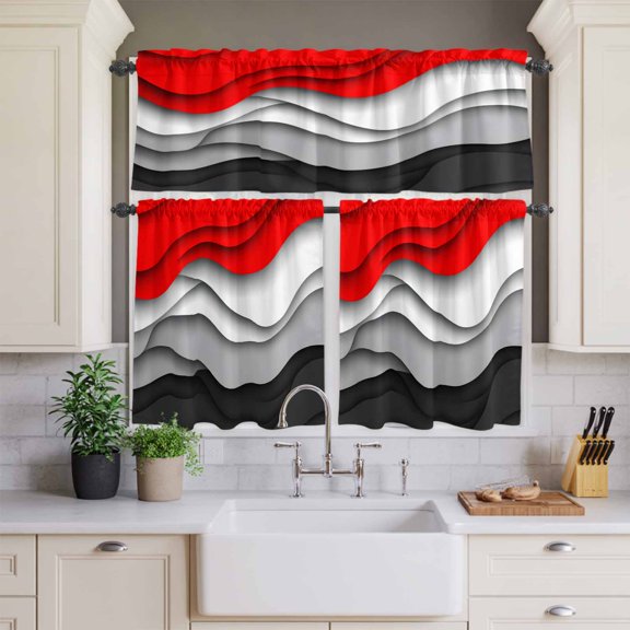 Kitchen Window Curtains Valance and Tier Set, Red Gray Color Blocks Rod Pocket Tier Curtains and Valance 3 Piece Set, Gradient Abstract Geometric Window Treatment for Bedroom Living Room