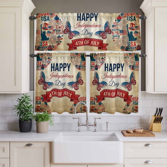 Kitchen Window Curtains Valance and Tier Set, Retro 4th of July Butterfly Rod Pocket Tier Curtains and Valance 3 Piece Set, Vintage American Flag Theme Window Treatment for Bedroom Living Room