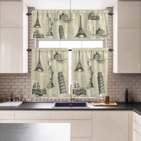 Kitchen Window Curtains Valance and Tier Set, Retro Architectural Panorama Rod Pocket Tier Curtains and Valance 3 Piece Set, US Europe Landmarks on Khaki Window Treatment for Bedroom Living Room