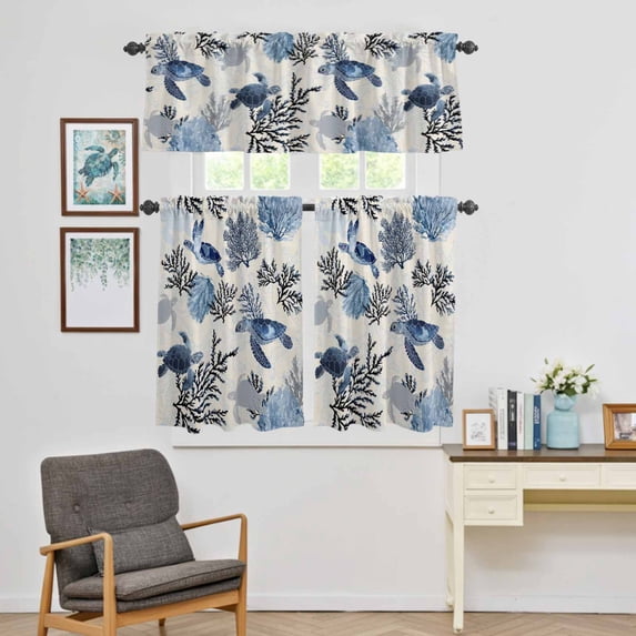 Kitchen Window Curtains Valance and Tier Set, Retro Blue Sea Turtles Corals Rod Pocket Tier Curtain Valance Set, Watercolor Marine Life Light Filtering Cafe Curtains for Bedroom Living Room