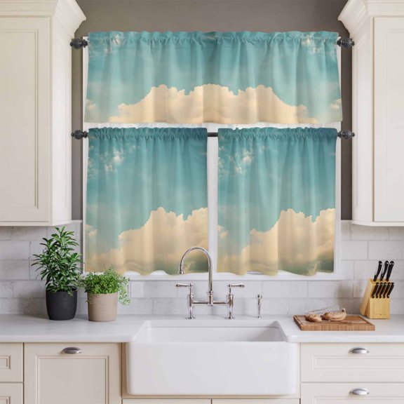 Kitchen Window Curtains Valance and Tier Set, Retro Blue Sky White Clouds Rod Pocket Tier Curtain Valance Set, Vintage Country Art Light Filtering Cafe Curtains for Bedroom Living Room