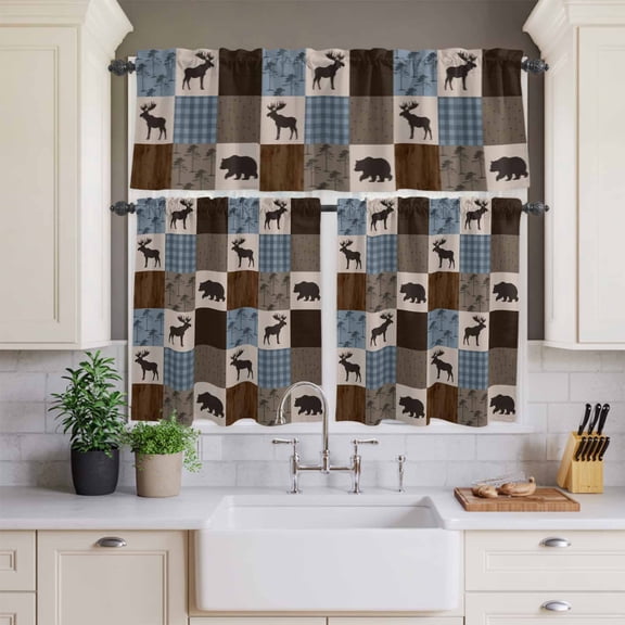 Kitchen Window Curtains Valance and Tier Set, Retro Deer Bear Plaid Check Rod Pocket Tier Curtains and Valance 3 Piece Set, Abstract Patchwork Pattern Window Treatment for Bedroom Living Room