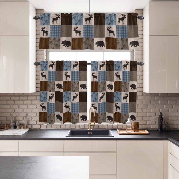 Kitchen Window Curtains Valance and Tier Set, Retro Deer Bear Plaid Check Rod Pocket Tier Curtains and Valance 3 Piece Set, Abstract Patchwork Pattern Window Treatment for Bedroom Living Room