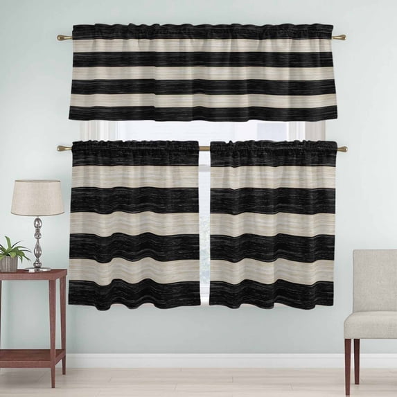 Kitchen Window Curtains Valance and Tier Set, Retro Farm Black and Beige Stripes Rod Pocket Tier Curtain Valance Set, Rustic Wooden Plank Light Filtering Cafe Curtains for Bedroom Living Room