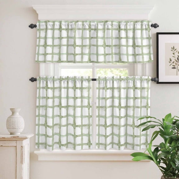 Kitchen Window Curtains Valance and Tier Set, Retro Geometric Sage Green Check Rod Pocket Tier Curtain Valance Set, Watercolor Buffalo Plaid Light Filtering Cafe Curtains for Bedroom Living Room