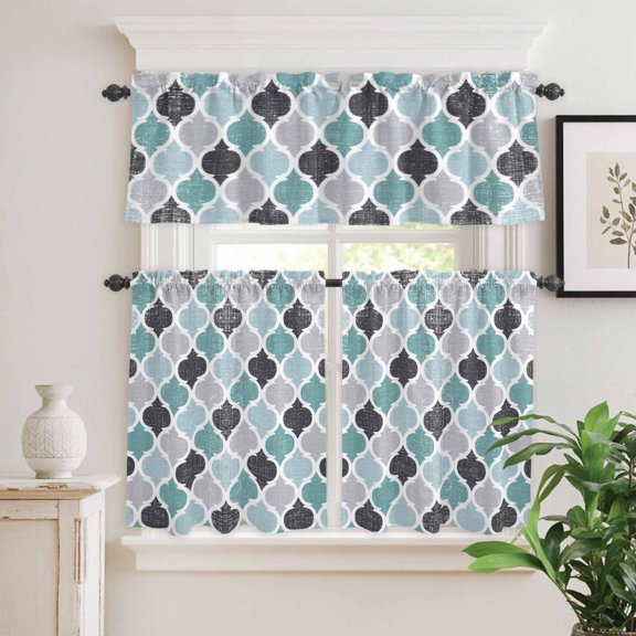 Kitchen Window Curtains Valance and Tier Set, Retro Moroccan Pattern Rod Pocket Tier Curtain Valance Set, Abstract Geometry Light Filtering Cafe Curtains for Bedroom Living Room