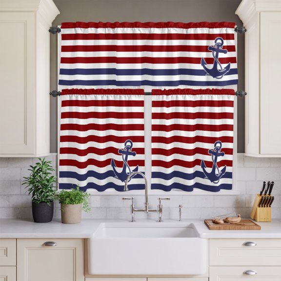 Kitchen Window Curtains Valance and Tier Set, Retro Navy Blue Anchor Nautical Rod Pocket Tier Curtains and Valance 3 Piece Set, Classic Red White Stripes Window Treatment for Bedroom Living Room