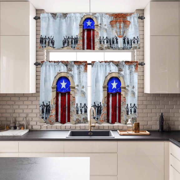 Kitchen Window Curtains Valance and Tier Set, Retro Puerto Rico Door Rod Pocket Tier Curtains and Valance 3 Piece Set, Shabby Mottled Wall Art Window Treatment for Bedroom Living Room