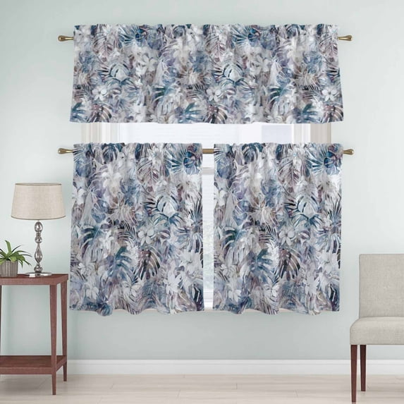 Kitchen Window Curtains Valance and Tier Set, Retro Purple Monstera Palm Leaves Rod Pocket Tier Curtain Valance Set, Vintage Plant Flower Light Filtering Cafe Curtains for Bedroom Living Room