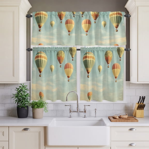 Kitchen Window Curtains Valance and Tier Set, Retro Style Hot Air Balloon Rod Pocket Tier Curtain Valance Set, Blue Sky Cloud Scene Light Filtering Cafe Curtains for Bedroom Living Room