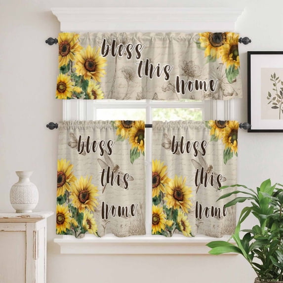 Kitchen Window Curtains Valance and Tier Set, Retro Watercolor Sunflower and Dragonfly Rod Pocket Tier Curtain Valance Set, Bless This Home Art Light Filtering Cafe Curtains for Bedroom Living Room