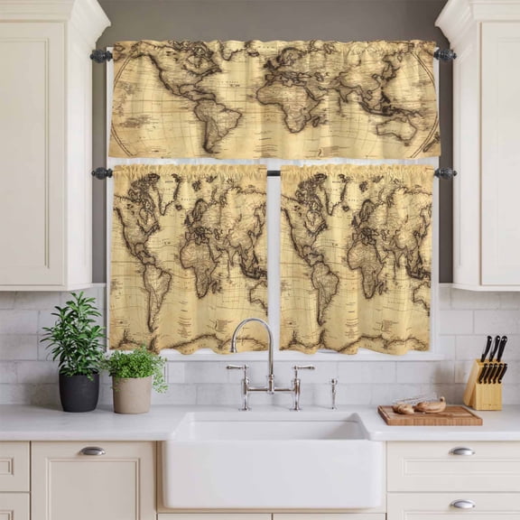 Kitchen Window Curtains Valance and Tier Set, Retro Yellow World Map North America Asia Rod Pocket Tier Curtains and Valance 3 Piece Set, Pacific Plate Window Treatment for Bedroom Living Room