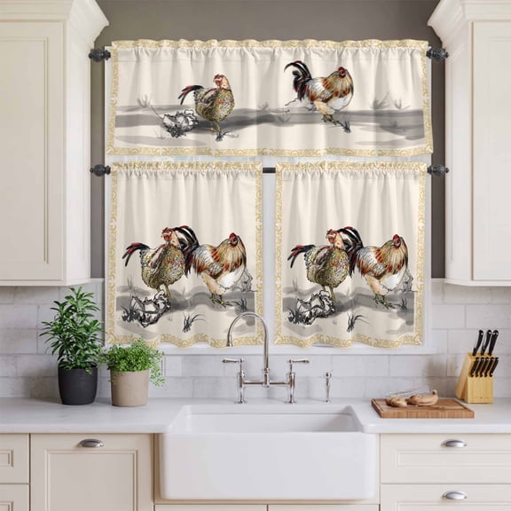 Kitchen Window Curtains Valance and Tier Set, Rural Ink Art Farm Chicken Animals Rod Pocket Tier Curtains and Valance 3 Piece Set, Golden Flowers Texture Border Window Treatment for Bedroom