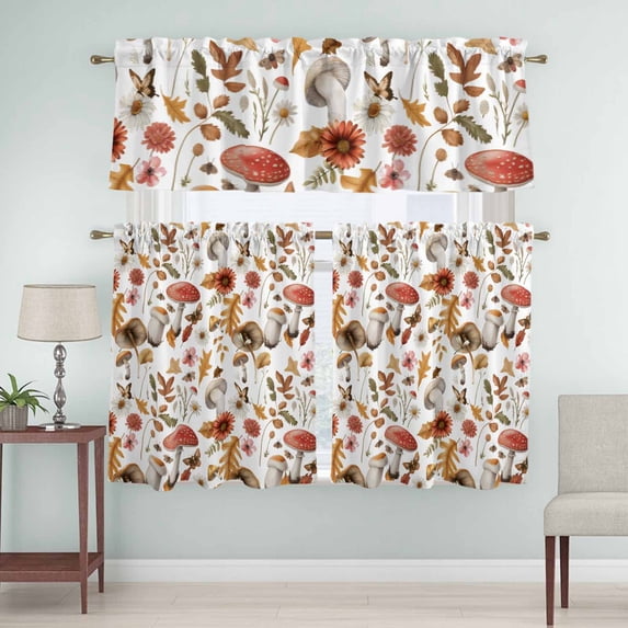 Kitchen Window Curtains Valance and Tier Set, Rustic Autumn Mushroom Floral Leaf Rod Pocket Tier Curtain Valance Set, Fall Plant Butterfly Light Filtering Cafe Curtains for Bedroom Living Room