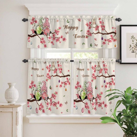 Kitchen Window Curtains Valance and Tier Set, Rustic Gnome with Eggs Rod Pocket Tier Curtain Valance Set, Cherry Flower Easter Pastoral Theme Light Filtering Cafe Curtains for Bedroom Living Room