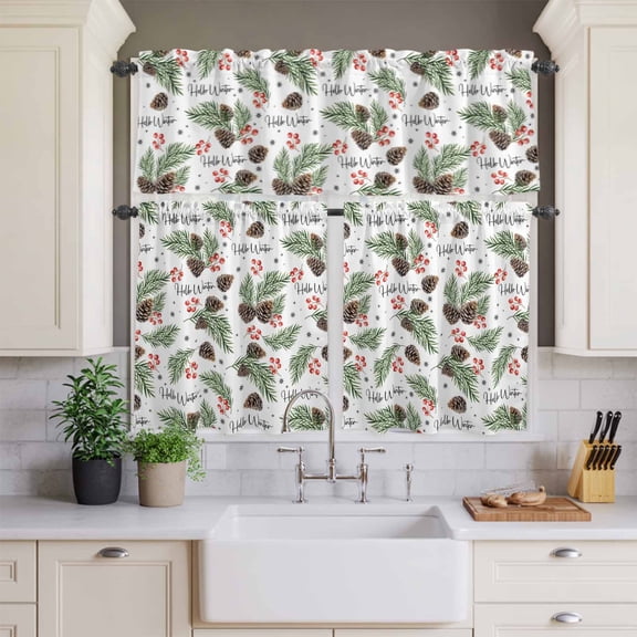 Kitchen Window Curtains Valance and Tier Set, Rustic Pinecone Berry Leaf Rod Pocket Tier Curtains and Valance 3 Piece Set, Seamless Watercolor Winter Plant Window Treatment for Bedroom Living Room