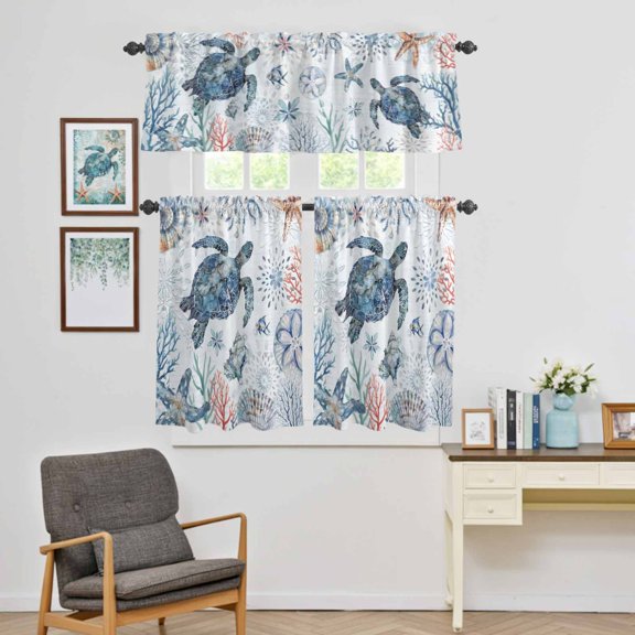 Kitchen Window Curtains Valance and Tier Set, Sea Turtle Blue Ocean Shell Starfish Rod Pocket Tier Curtain Valance Set, Coral Marine Life Light Filtering Cafe Curtains for Bedroom Living Room