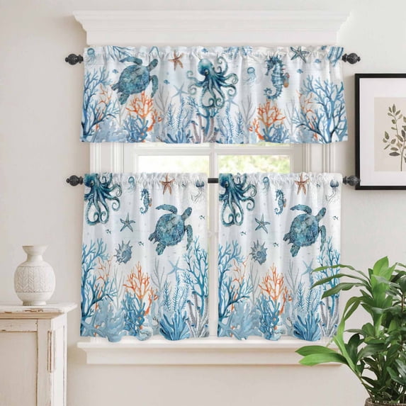 Kitchen Window Curtains Valance and Tier Set, Sea Turtles Corals Rod Pocket Tier Curtain Valance Set, Marine Life Eight-clawed Fish Light Filtering Cafe Curtains for Bedroom Living Room