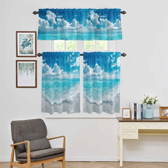 Kitchen Window Curtains Valance and Tier Set, Sea Wave Blue Sky White Clouds Rod Pocket Tier Curtain Valance Set, Summer Beach Theme Light Filtering Cafe Curtains for Bedroom Living Room