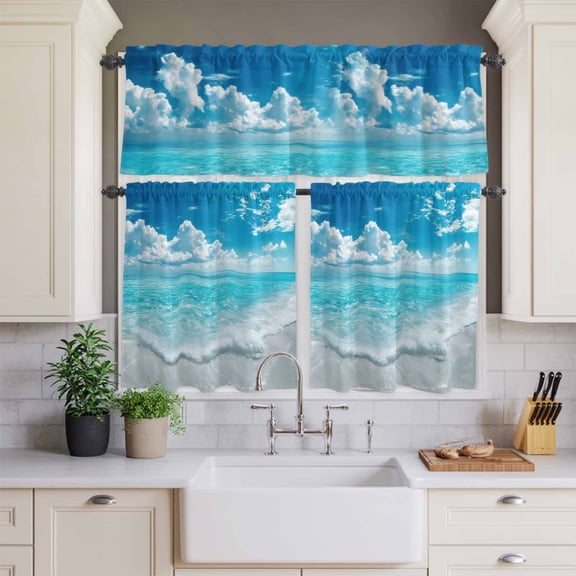 Kitchen Window Curtains Valance and Tier Set, Sea Wave Blue Sky White Clouds Rod Pocket Tier Curtains and Valance 3 Piece Set, Summer Beach Theme Window Treatment for Bedroom Living Room