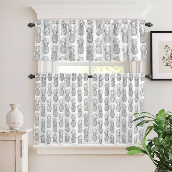 Kitchen Window Curtains Valance and Tier Set, Seamless Grey Pineapple Rod Pocket Tier Curtain Valance Set, Rustic Farmhouse Fruit Theme Light Filtering Cafe Curtains for Bedroom Living Room