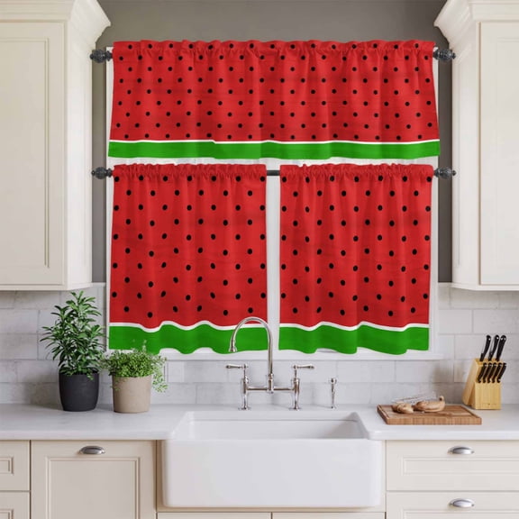 Kitchen Window Curtains Valance and Tier Set, Simple Black Wave Points on Red Rod Pocket Tier Curtains and Valance 3 Piece Set, Summer Watermelon Seeds Window Treatment for Bedroom Living Room