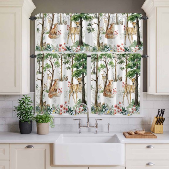 Kitchen Window Curtains Valance and Tier Set, Small Deer Fox Squirrels Flowers Rod Pocket Tier Curtains and Valance 3 Piece Set, Green Leaves Forest Window Treatment for Bedroom Living Room