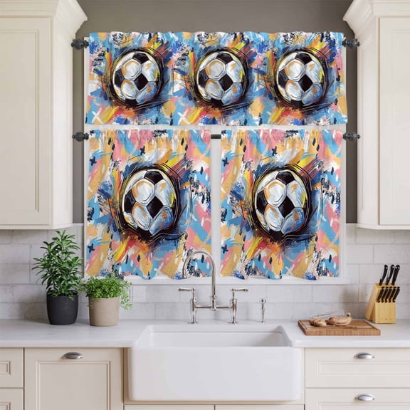 Kitchen Window Curtains Valance and Tier Set, Sport Theme Soccer Paint Rod Pocket Tier Curtains and Valance 3 Piece Set, Colorful Football Artwork Window Treatment for Bedroom Living Room