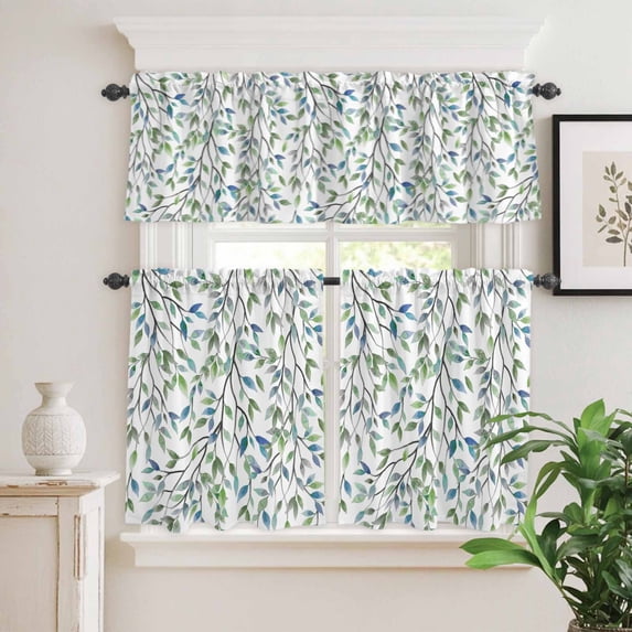 Kitchen Window Curtains Valance and Tier Set, Spring Blue Green Leaves on White Rod Pocket Tier Curtain Valance Set, Watercolor Botantical Light Filtering Cafe Curtains for Bedroom Living Room