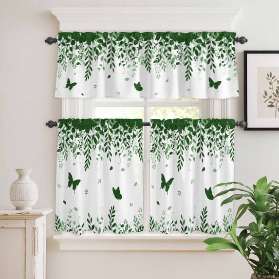 Kitchen Window Curtains Valance and Tier Set, Spring Butterfly Fallen Leaf Rod Pocket Tier Curtain Valance Set, Watercolor Green Style Light Filtering Cafe Curtains for Bedroom Living Room