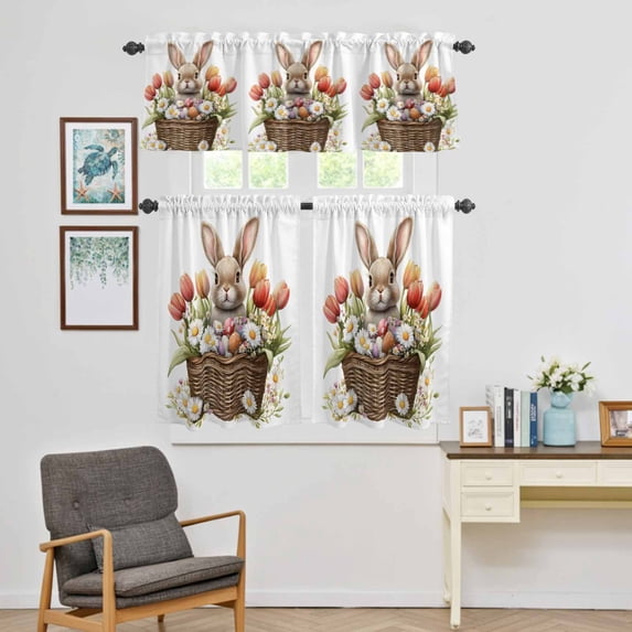 Kitchen Window Curtains Valance and Tier Set, Spring Easter Cute Bunny Rod Pocket Tier Curtain Valance Set, Flower Egg in Basket Light Filtering Cafe Curtains for Bedroom Living Room