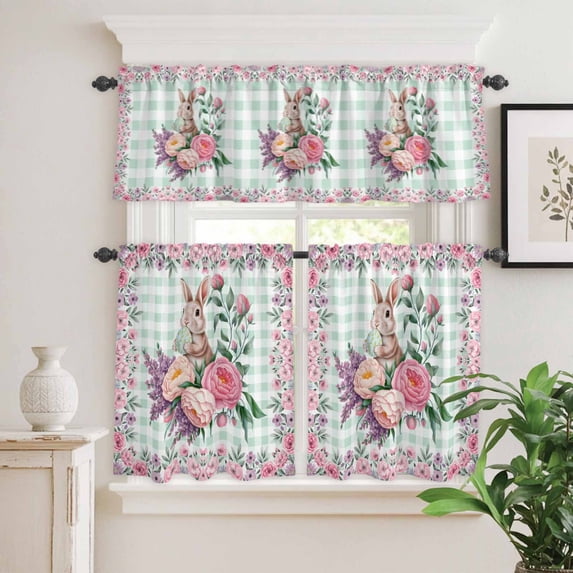 Kitchen Window Curtains Valance and Tier Set, Spring Easter Rabbits Egg Rod Pocket Tier Curtain Valance Set, Country Floral Green Plaid Light Filtering Cafe Curtains for Bedroom Living Room