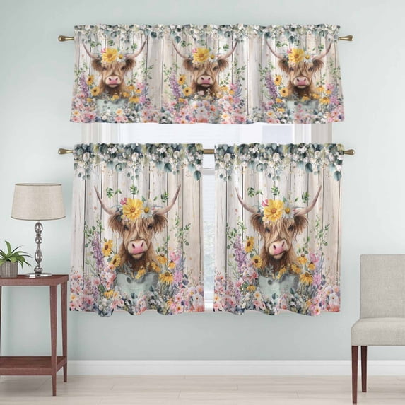 Kitchen Window Curtains Valance and Tier Set, Spring Flower Cow Wood Board Rod Pocket Tier Curtain Valance Set, Farmhouse Animal Leaf Wooden Light Filtering Cafe Curtains for Bedroom Living Room