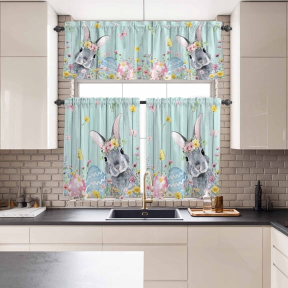 Kitchen Window Curtains Valance and Tier Set, Spring Flower Easter Egg Rod Pocket Tier Curtains and Valance 3 Piece Set, Pastoral Rabbit Butterfly Wood Plank Window Treatment for Bedroom